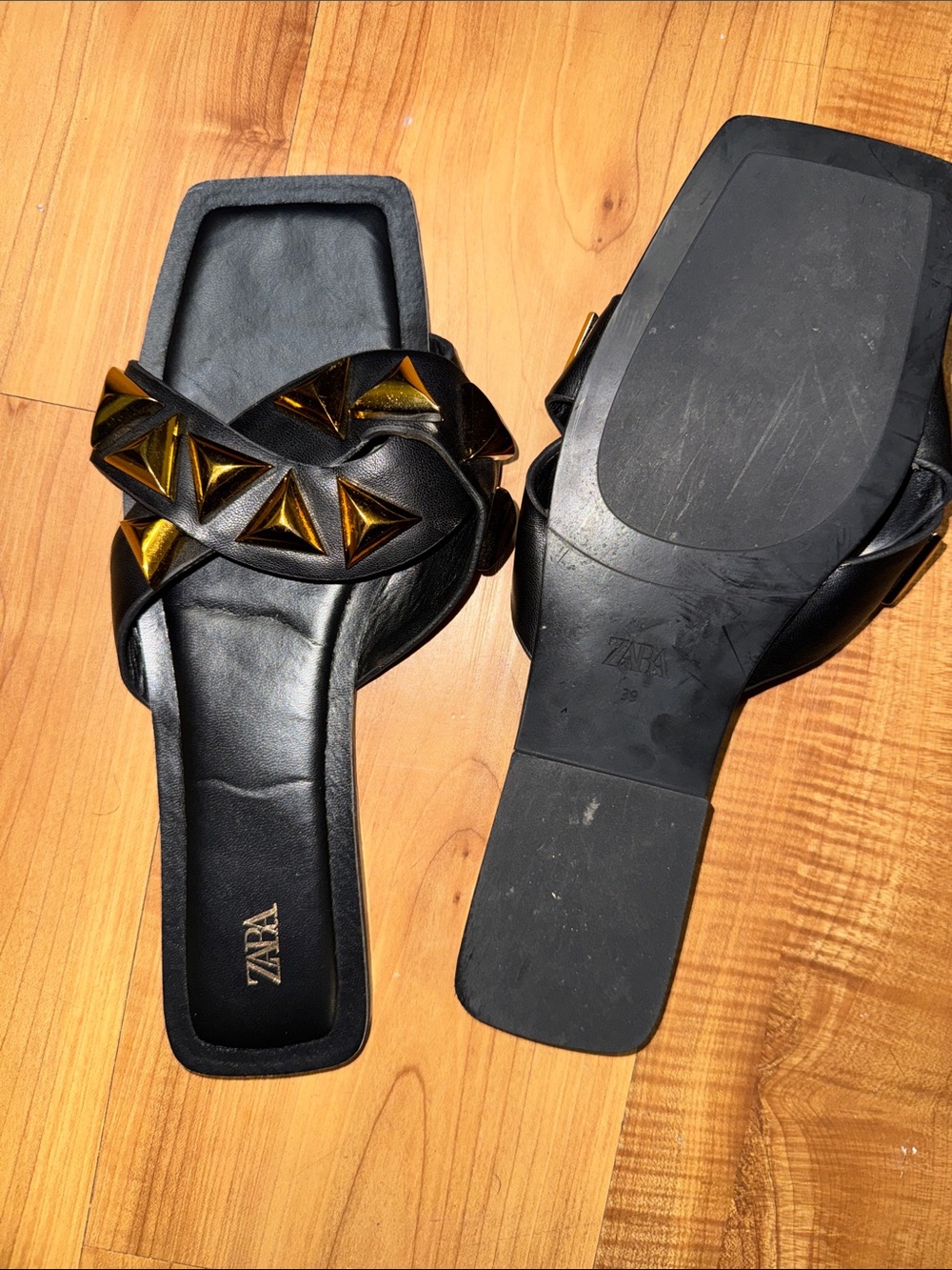 Zara Black Slide Mules with Metallic Gold Pyramid Accents(2) - Picture 2 of 3